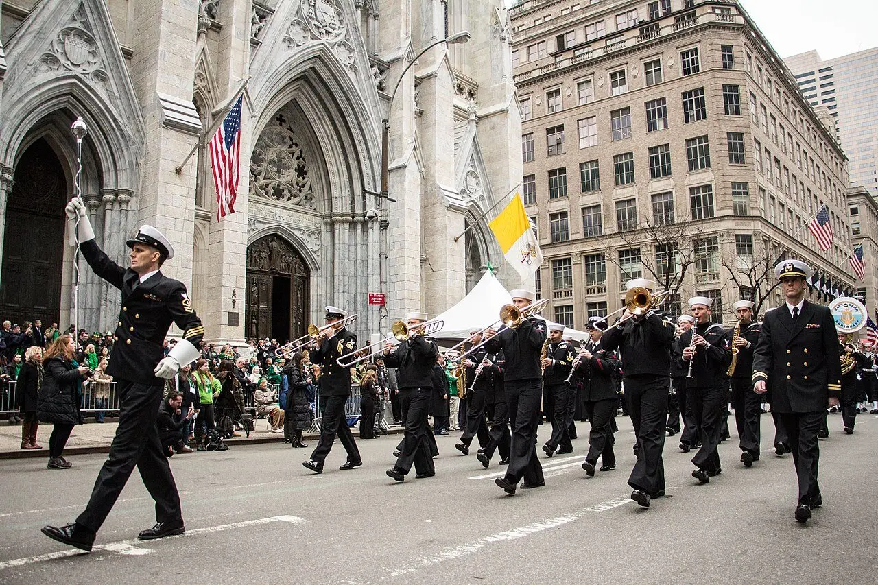 U.S. Navy Band Northeast marching past St. Patrick's Cathedral on Fifth Avenue during New York City's 254th St. Patrick's Day Parade on March 17, 2015.