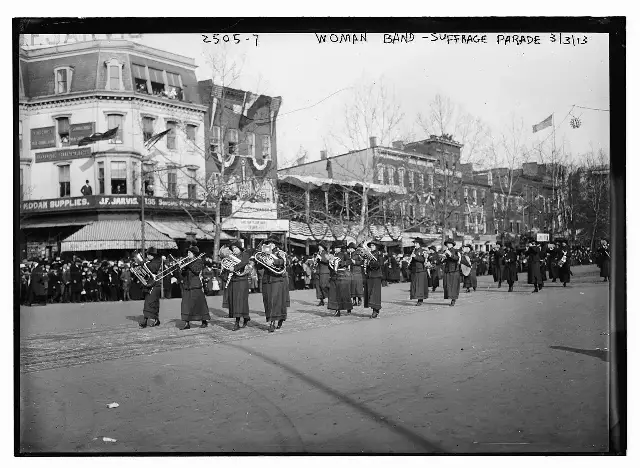 A women's band marches in the March 3, 1913 woman suffrage procession in Washington, D.C., in a Library of Congress photograph from the campaign that led to the 19th Amendment.