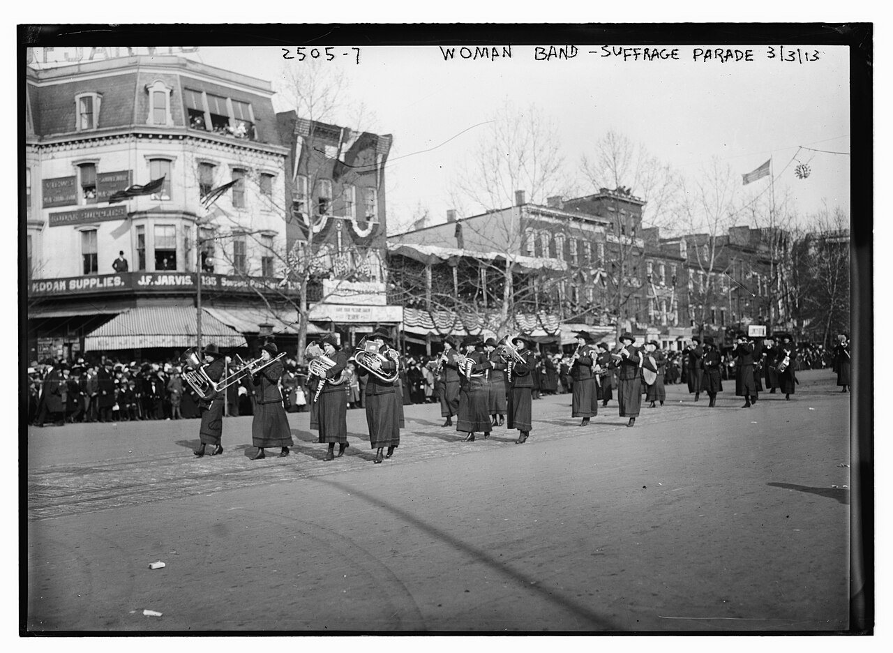 A women's band marches in the March 3, 1913 woman suffrage procession in Washington, D.C., in a Library of Congress photograph from the campaign that led to the 19th Amendment.
