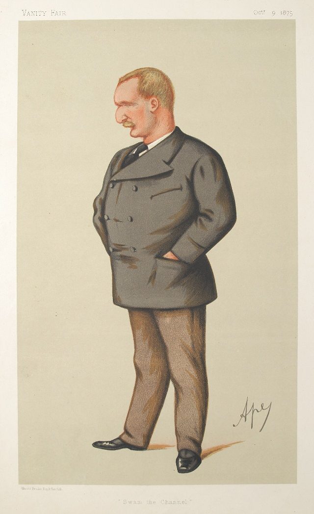 Caricature of Captain Matthew Webb from Vanity Fair, October 9, 1875, captioned 'Swam the Channel.'