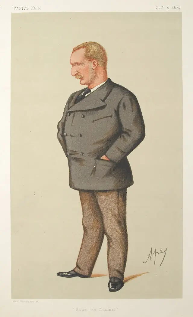 Caricature of Captain Matthew Webb from Vanity Fair, October 9, 1875, captioned 'Swam the Channel.'