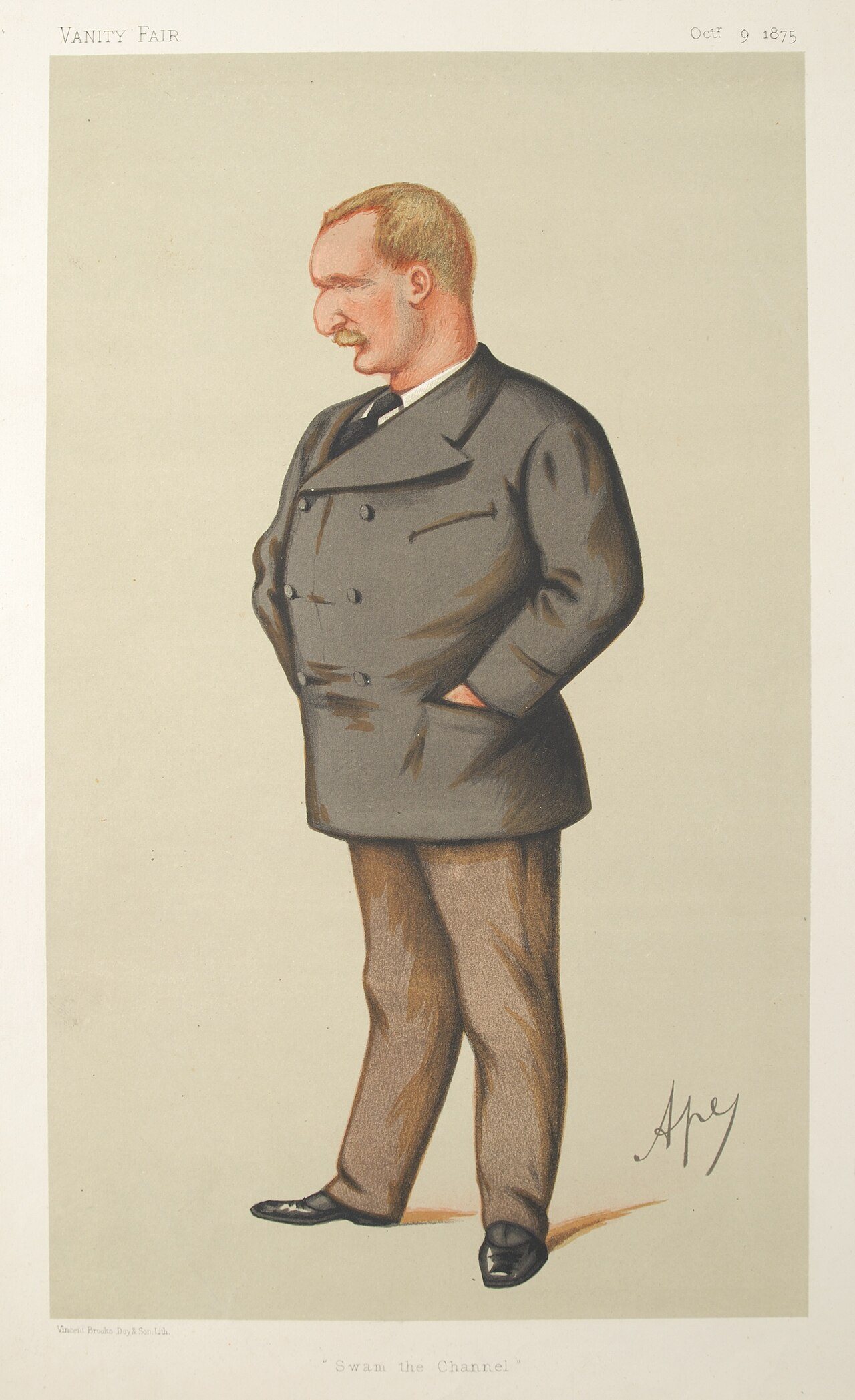 Caricature of Captain Matthew Webb from Vanity Fair, October 9, 1875, captioned 'Swam the Channel.'