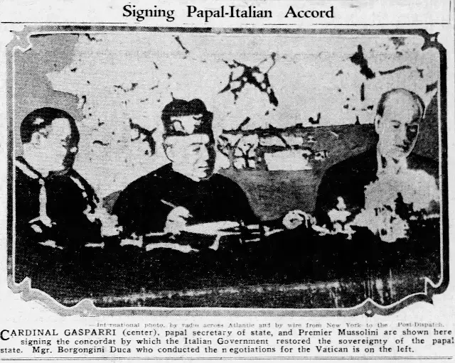 1929 newspaper photo showing Cardinal Gasparri (center) and Benito Mussolini (right) signing the Lateran Treaty that created Vatican City.