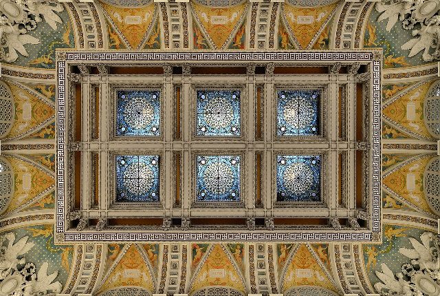 The frescoed skylight ceiling of the Great Hall inside the Library of Congress's Thomas Jefferson Building.
