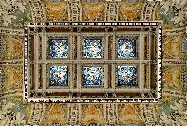 The frescoed skylight ceiling of the Great Hall inside the Library of Congress's Thomas Jefferson Building.