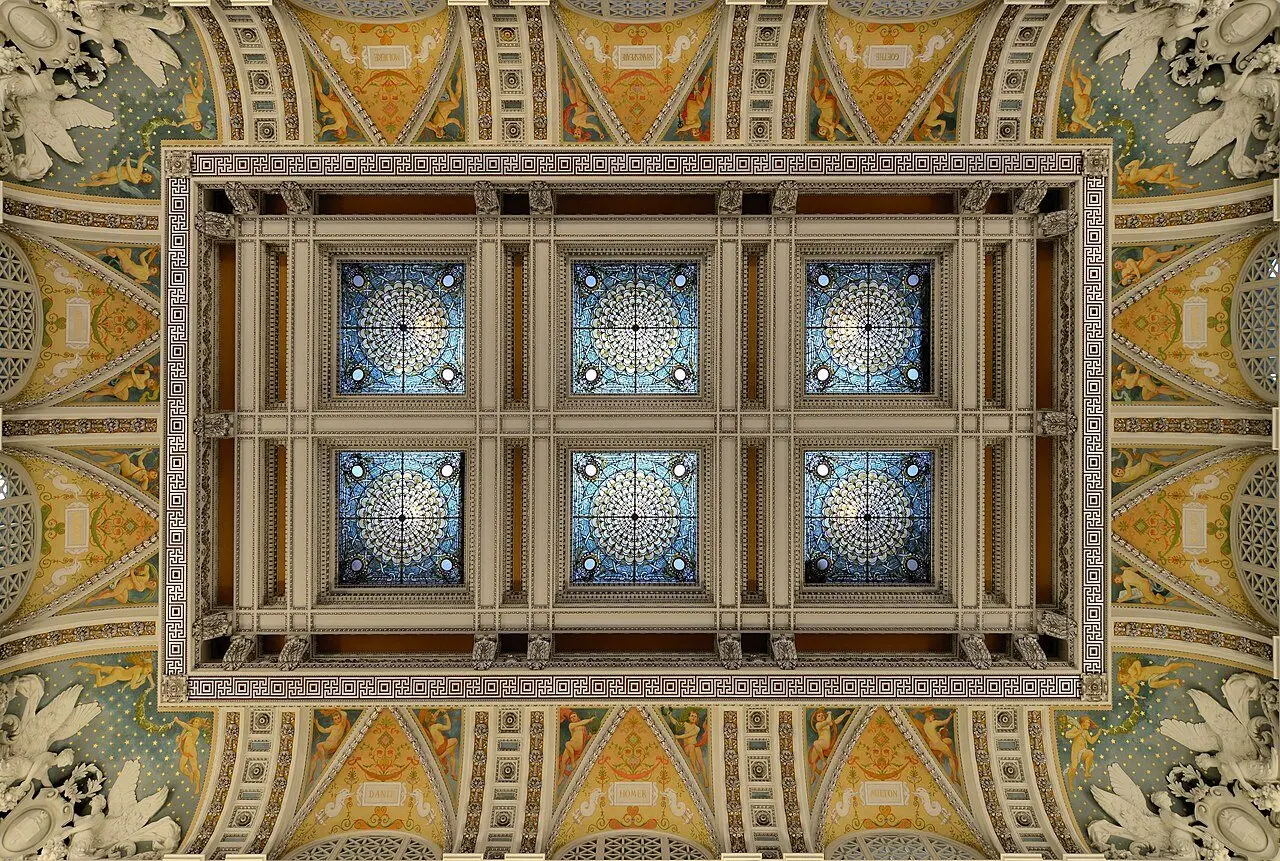 The frescoed skylight ceiling of the Great Hall inside the Library of Congress's Thomas Jefferson Building.