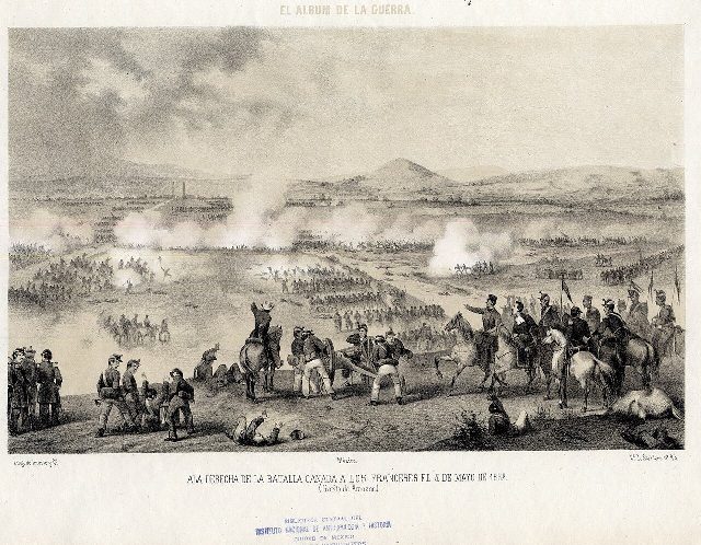 1862 lithograph by Constantino Escalante depicting the Battle of Puebla fought on May 5, 1862