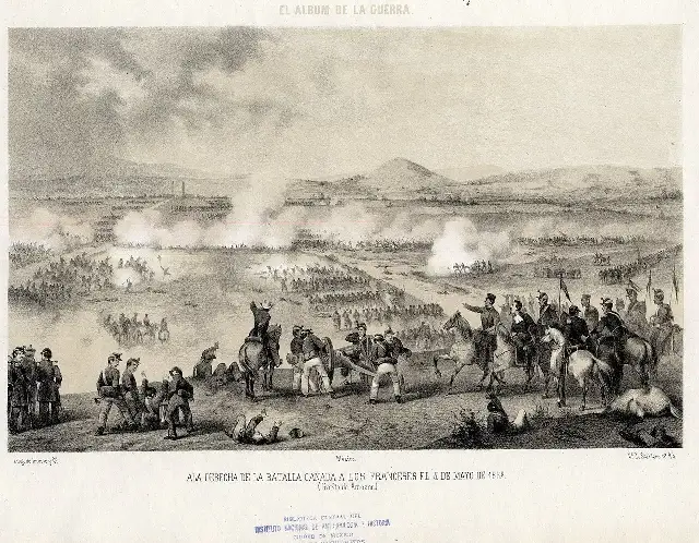 1862 lithograph by Constantino Escalante depicting the Battle of Puebla fought on May 5, 1862