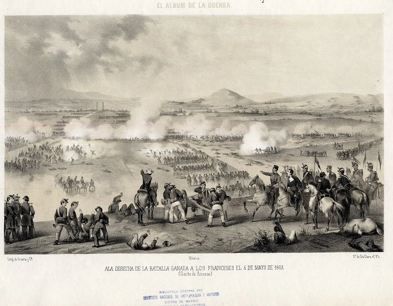 1862 lithograph by Constantino Escalante depicting the Battle of Puebla fought on May 5, 1862