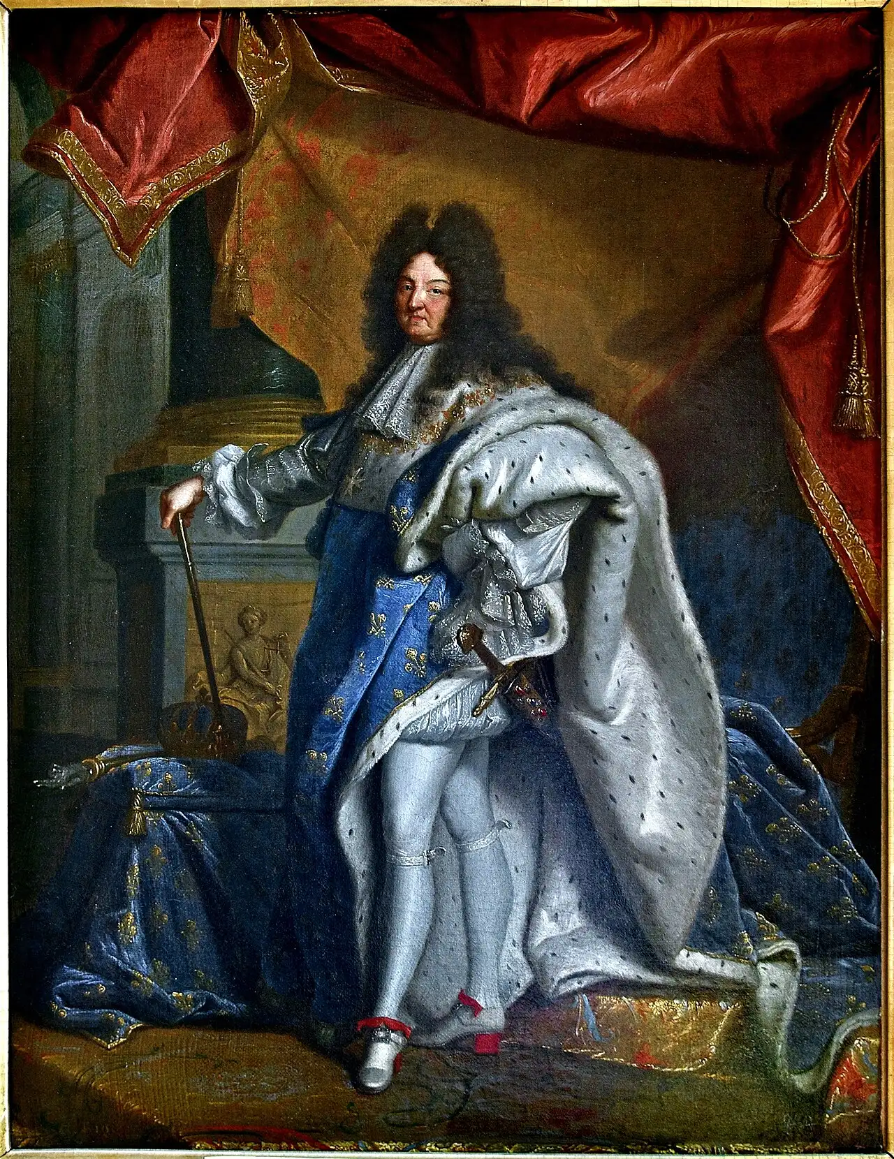 Hyacinthe Rigaud's grand portrait of Louis XIV in coronation robes, crown beside him, embodying the absolute monarchy that revoked the Edict of Nantes.