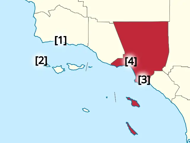 Map showing the locations involved in the 1942 Battle of Los Angeles, including Los Angeles County, the Ellwood oil field, Santa Monica, and Long Beach