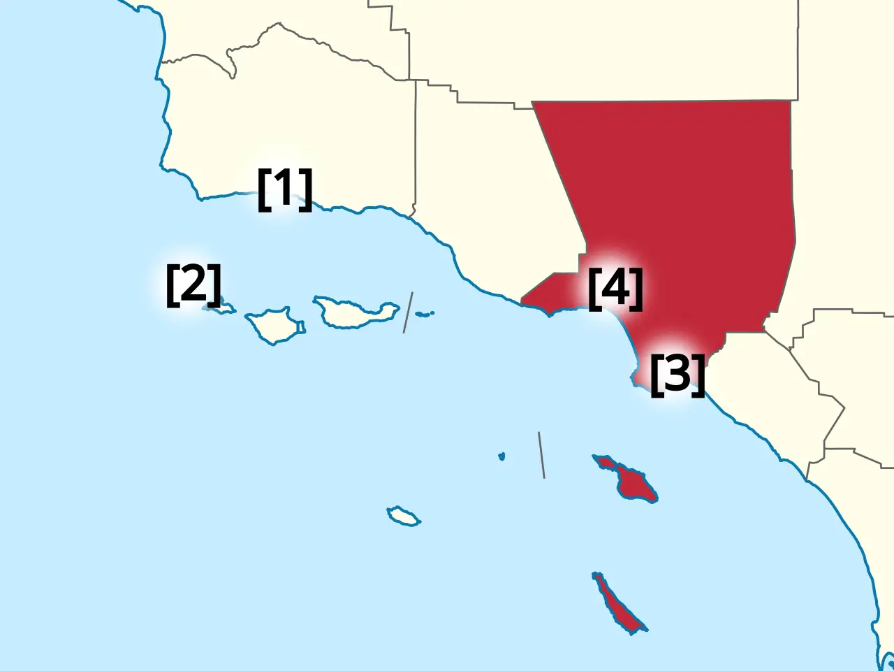 Map showing the locations involved in the 1942 Battle of Los Angeles, including Los Angeles County, the Ellwood oil field, Santa Monica, and Long Beach