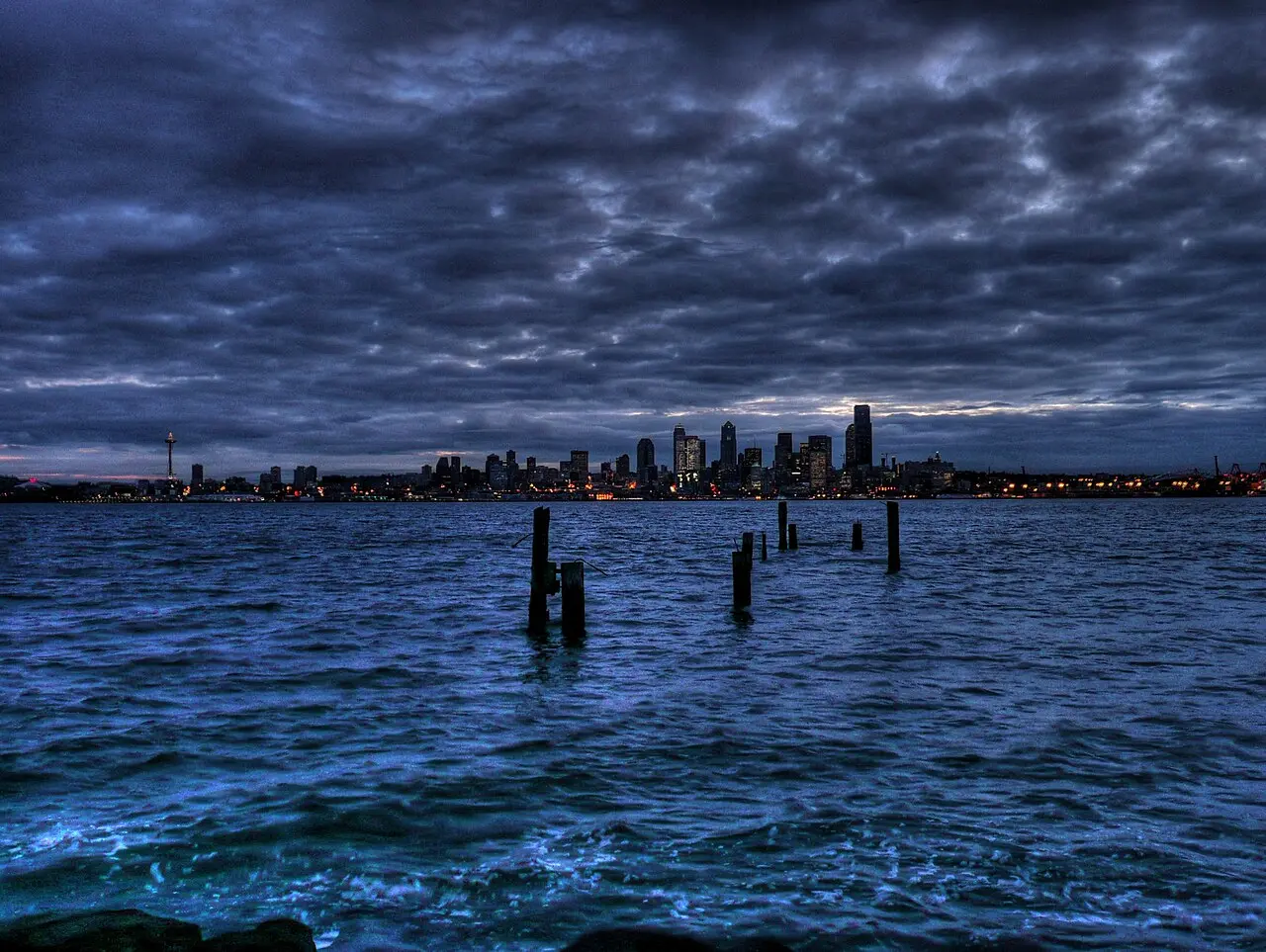 Illustrative: the Seattle skyline at dusk seen across the water from Alki Beach, near where the Denny Party landed in 1851.