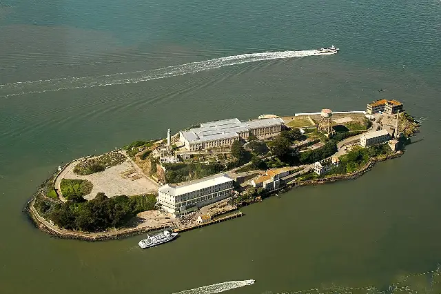 Aerial view of Alcatraz Island in San Francisco Bay, site of the former federal penitentiary.