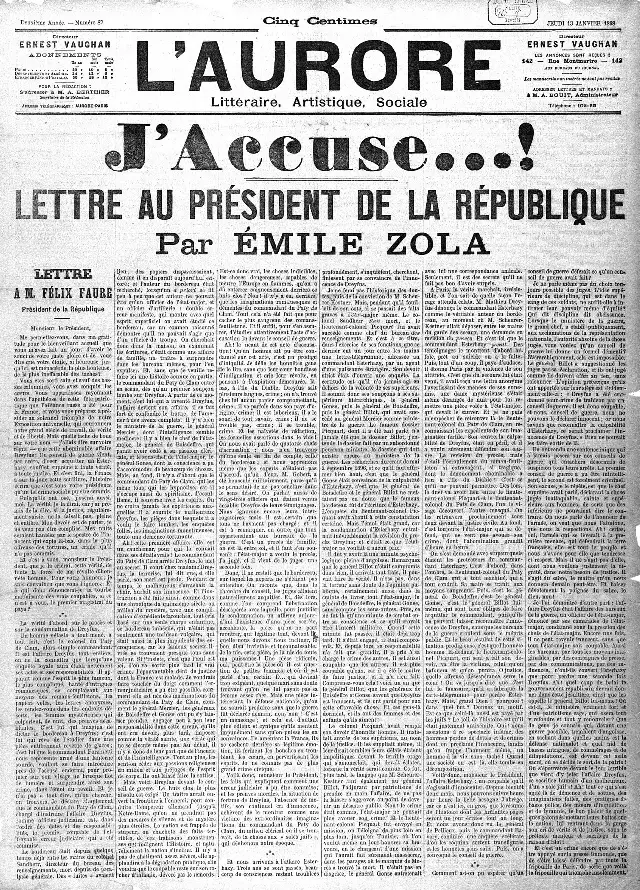Front page of the Paris newspaper L'Aurore dated January 13, 1898, with the giant headline 'J'Accuse...!' above an open letter by Émile Zola