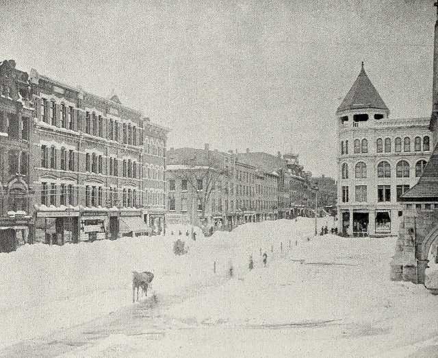 A snow-covered downtown street in Holyoke, Massachusetts, after the Great Blizzard of 1888.