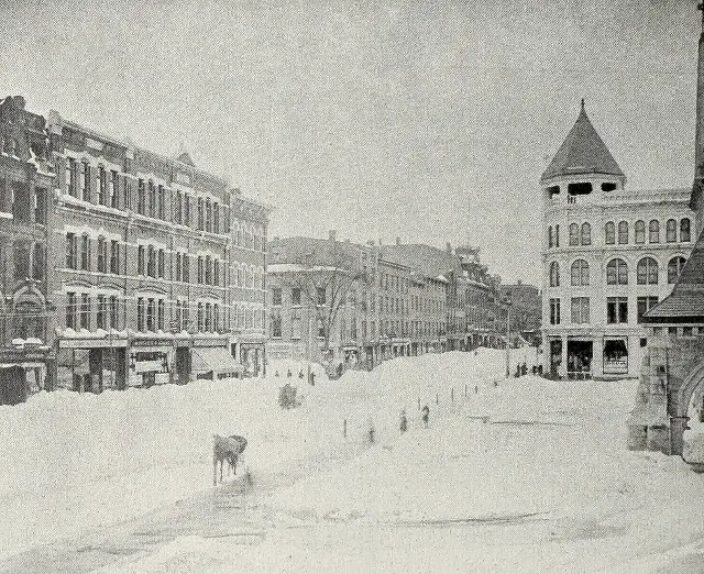 A snow-covered downtown street in Holyoke, Massachusetts, after the Great Blizzard of 1888.