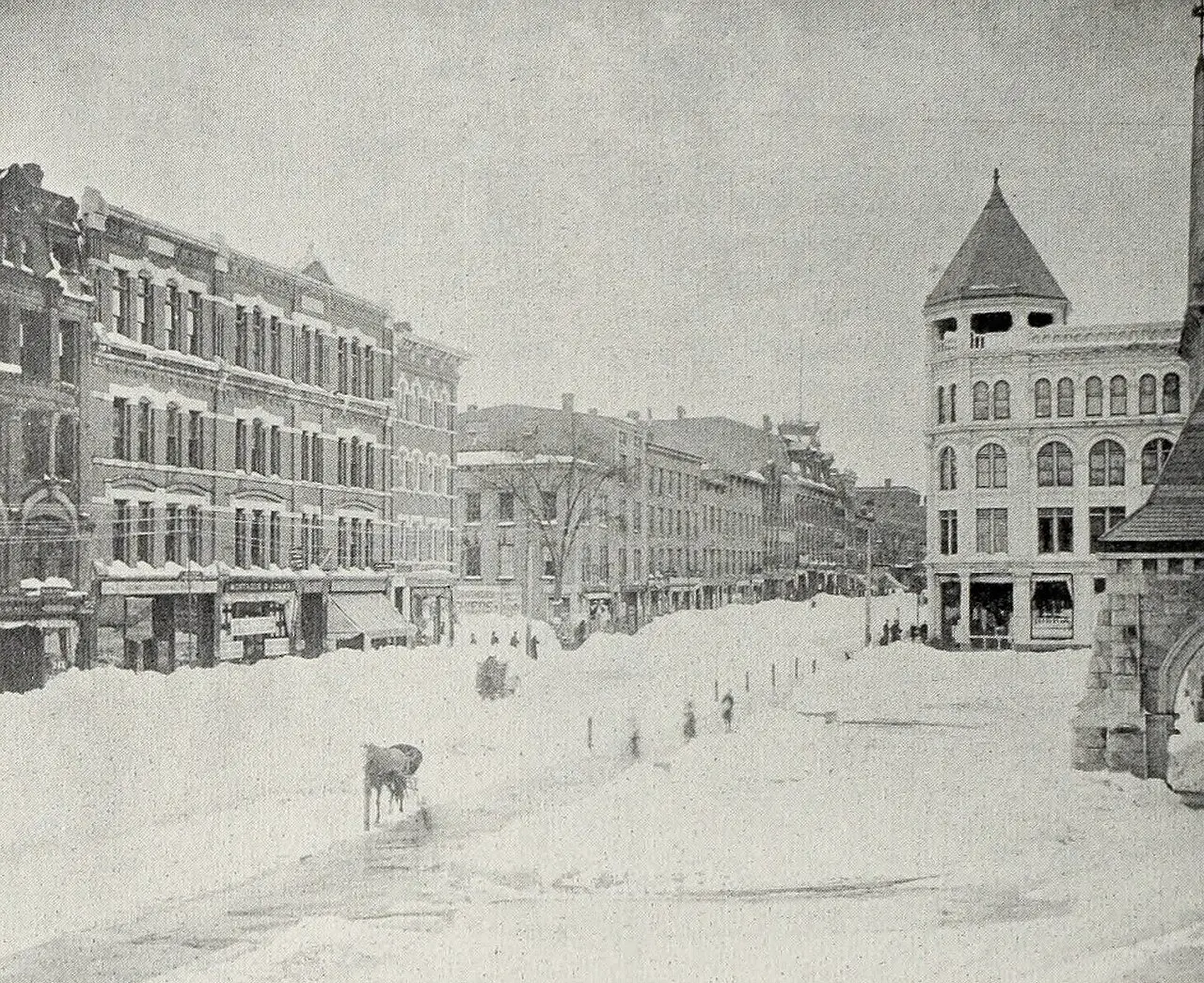 A snow-covered downtown street in Holyoke, Massachusetts, after the Great Blizzard of 1888.