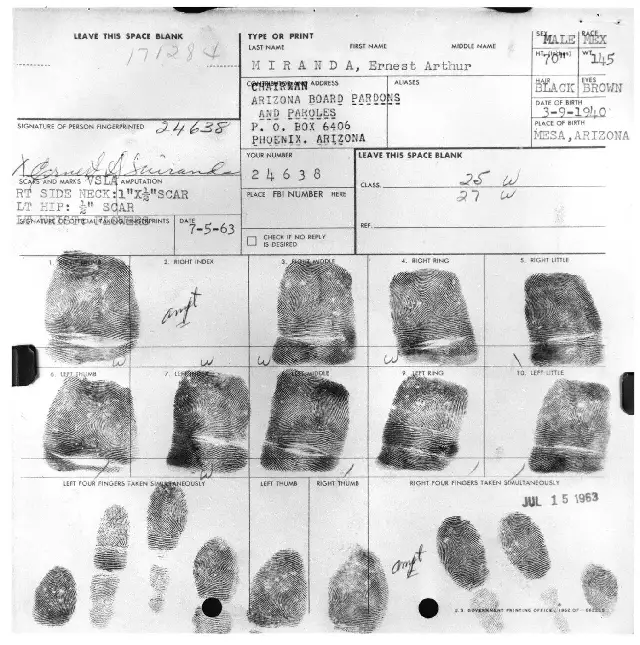 Fingerprint record card of Ernesto Miranda, the man whose 1966 Supreme Court case created the Miranda rights (later document, illustrative of the case).
