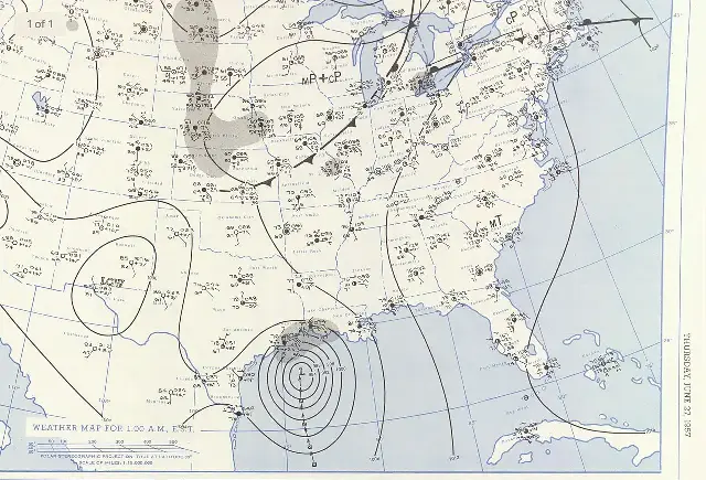 A U.S. weather map for 1:00 a.m. Eastern on Thursday, June 27, 1957, showing Hurricane Audrey in the Gulf of Mexico off the Louisiana coast.