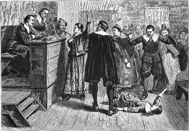 A 19th-century engraving depicting a witchcraft trial at Salem Village, with an afflicted accuser collapsed in fits on the courtroom floor.