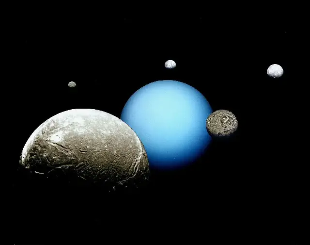 A montage of Uranus and its five largest moons, assembled from images taken by the Voyager 2 spacecraft.