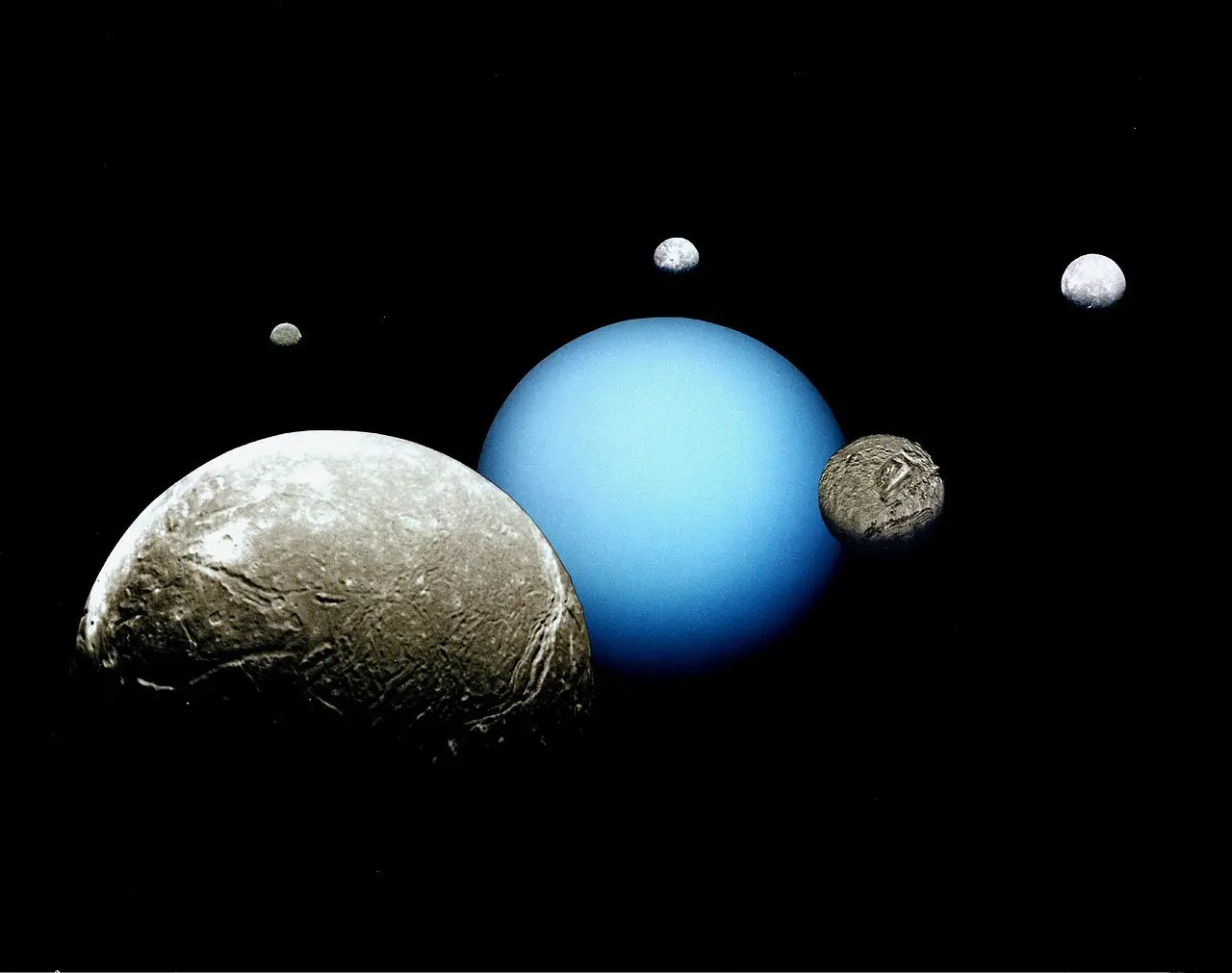 A montage of Uranus and its five largest moons, assembled from images taken by the Voyager 2 spacecraft.