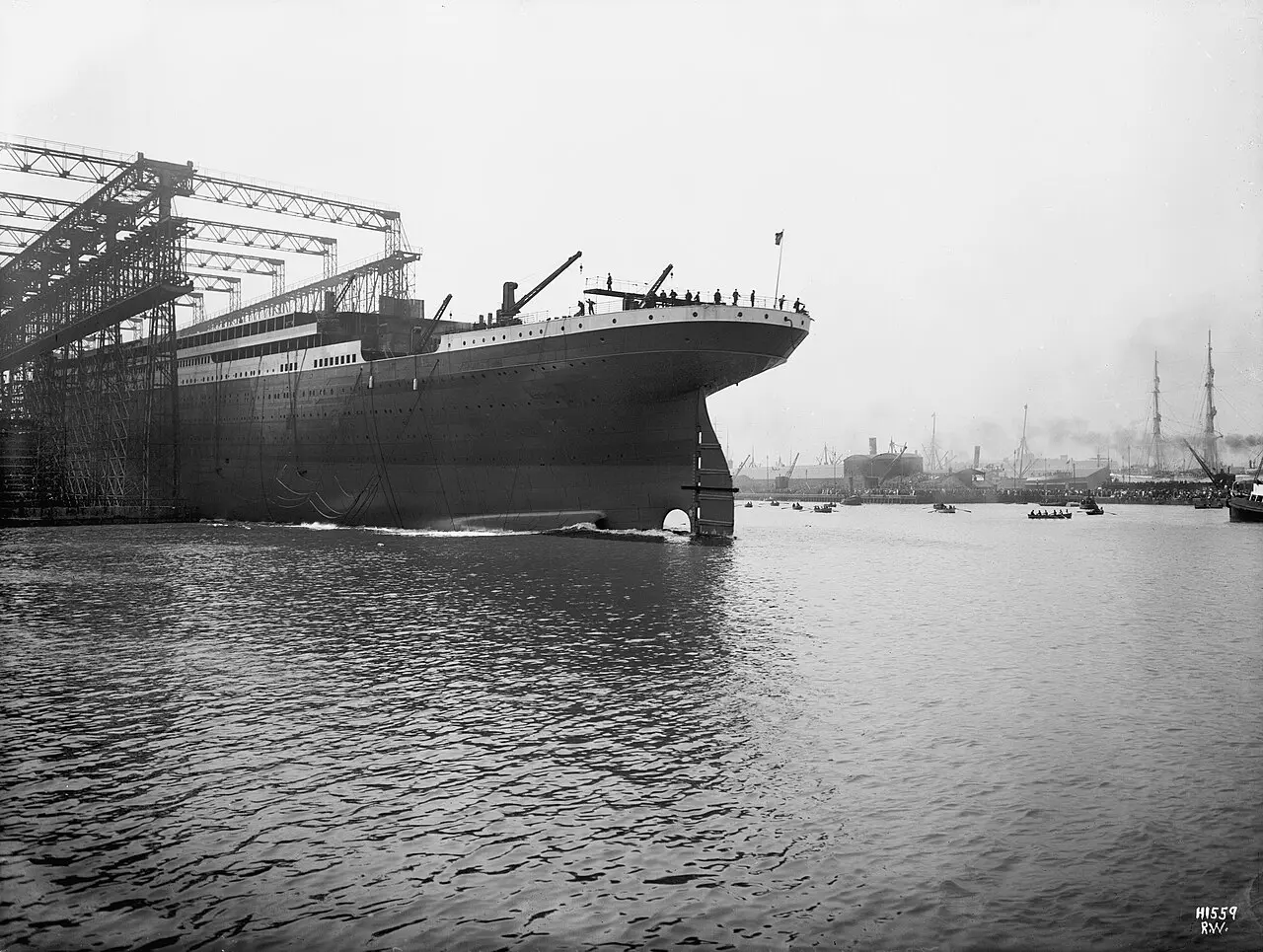 The stern of the Titanic in the Harland & Wolff gantry at Belfast, photographed by Robert Welch before the 1911 launch.