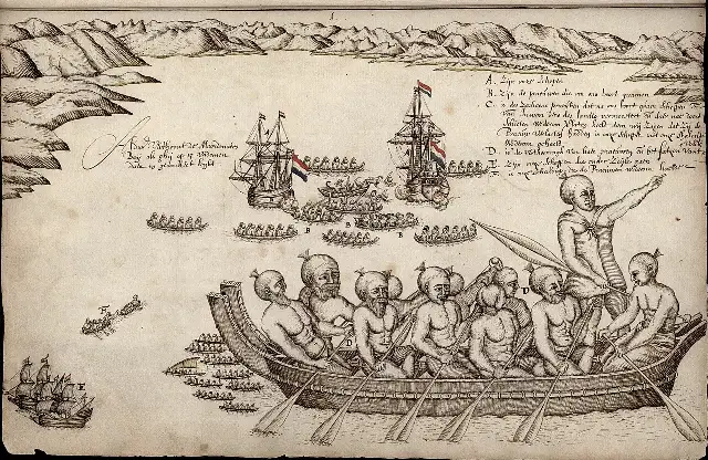 1642 drawing by Abel Tasman's expedition artist Isaack Gilsemans showing the Dutch ships Heemskerck and Zeehaen anchored in Golden Bay, New Zealand, with Maori waka — the first European image of Maori people.