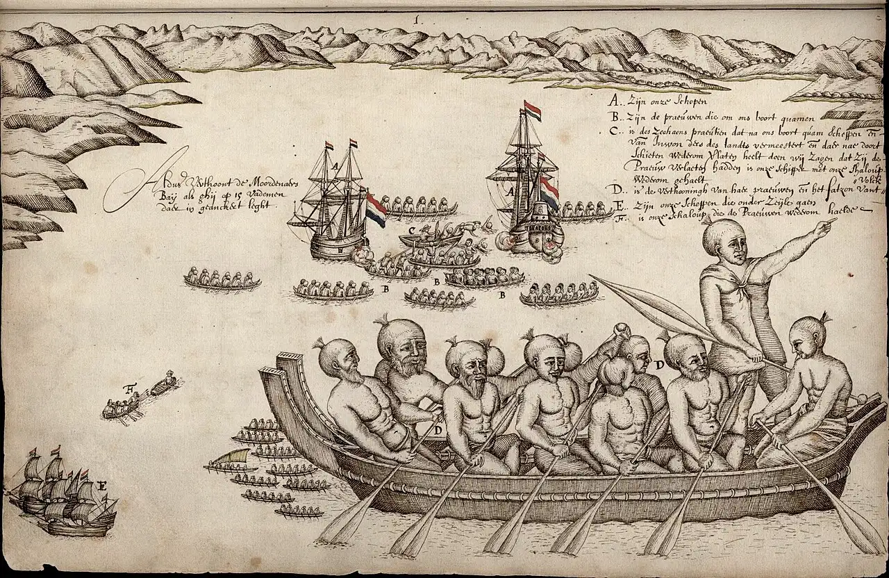 1642 drawing by Abel Tasman's expedition artist Isaack Gilsemans showing the Dutch ships Heemskerck and Zeehaen anchored in Golden Bay, New Zealand, with Maori waka — the first European image of Maori people.