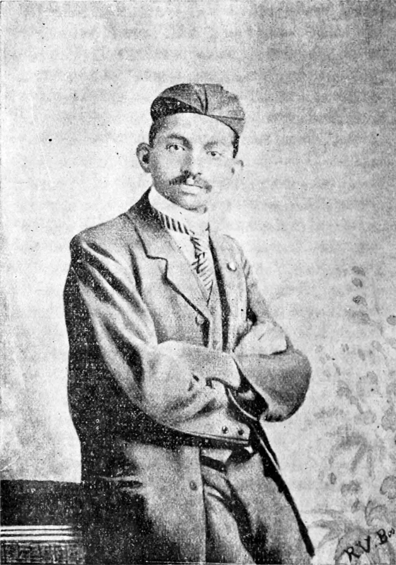 Portrait of a young Mohandas Gandhi dressed as a barrister, illustration from a 1917 book. Illustrative image — not from the 1893 train incident itself.