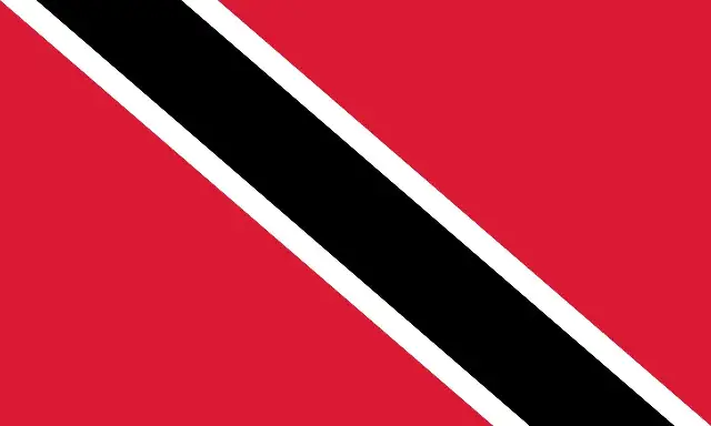The national flag of Trinidad and Tobago: red with a black diagonal band edged in white.