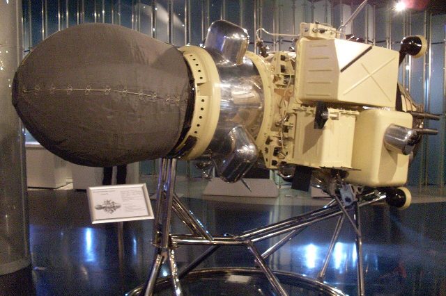 A museum model of the Soviet Luna 9 spacecraft, the first probe to make a soft landing on the Moon.