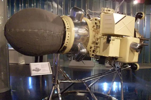 A museum model of the Soviet Luna 9 spacecraft, the first probe to make a soft landing on the Moon.