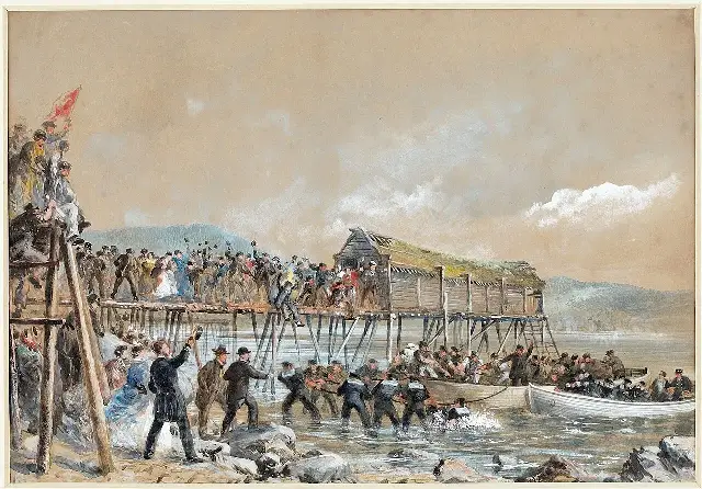 Robert Charles Dudley's 1866 painting of the Atlantic cable landing at Heart's Content, Newfoundland.