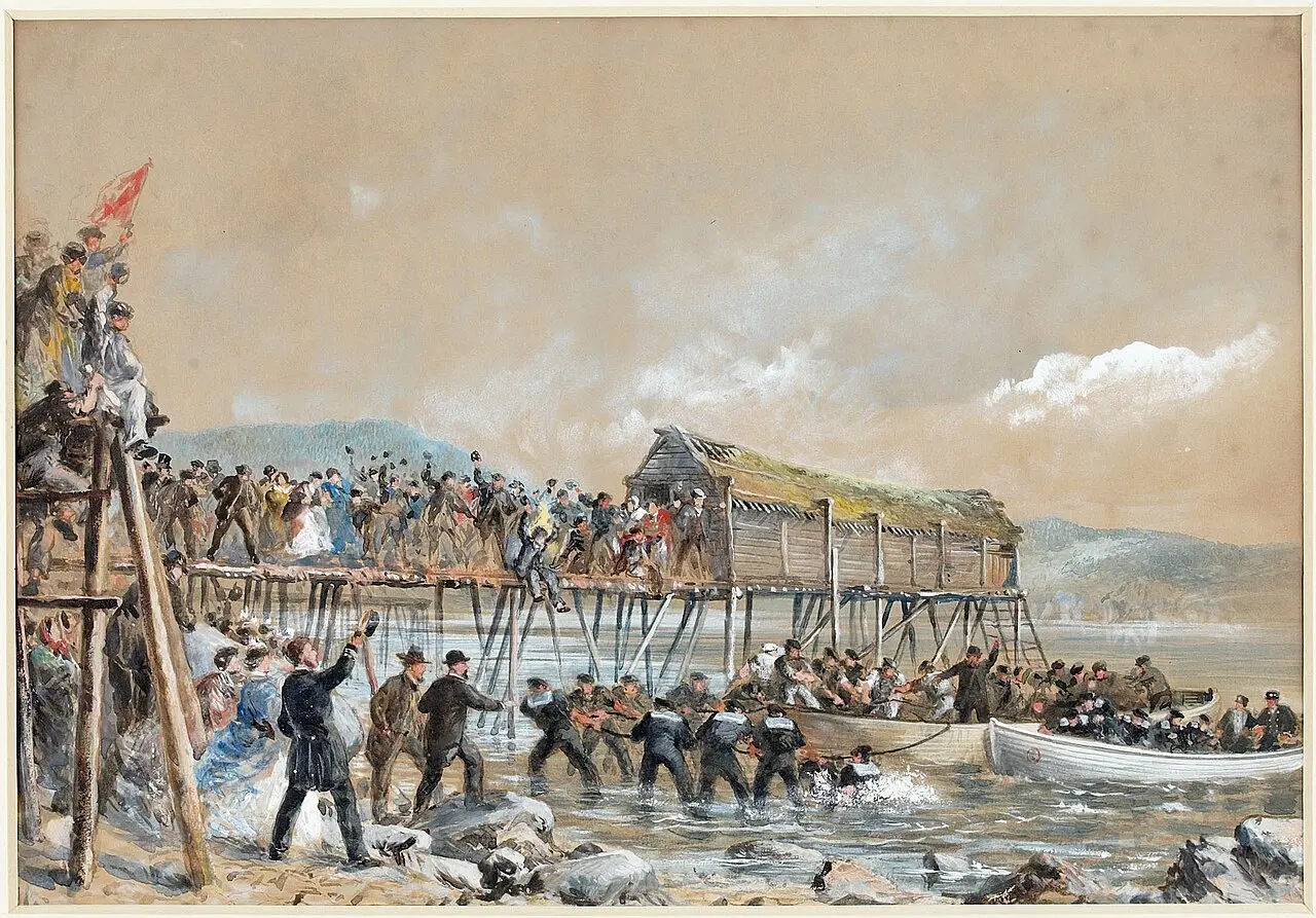 Robert Charles Dudley's 1866 painting of the Atlantic cable landing at Heart's Content, Newfoundland.