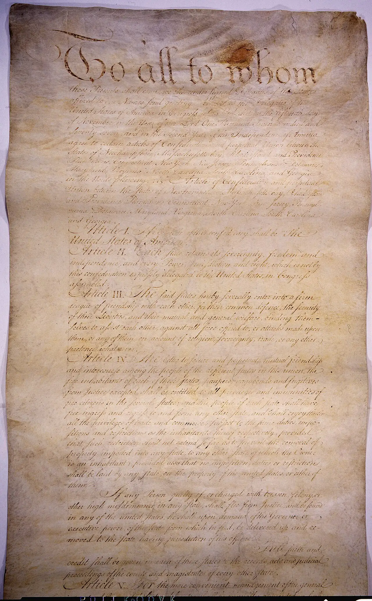 The first page of the engrossed Articles of Confederation, beginning 'To all to whom these Presents shall come,' held by the U.S. National Archives.