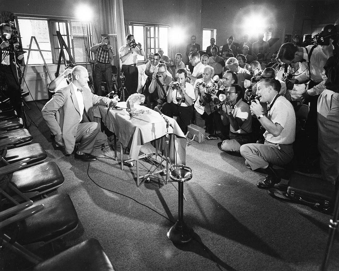 Able (rhesus macaque) and Baker (squirrel monkey) at a NASA press conference on May 30, 1959, two days after their spaceflight.