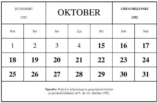 Calendar of October 1582 showing the ten deleted days, October 5-14, in the switch from the Julian to the Gregorian calendar