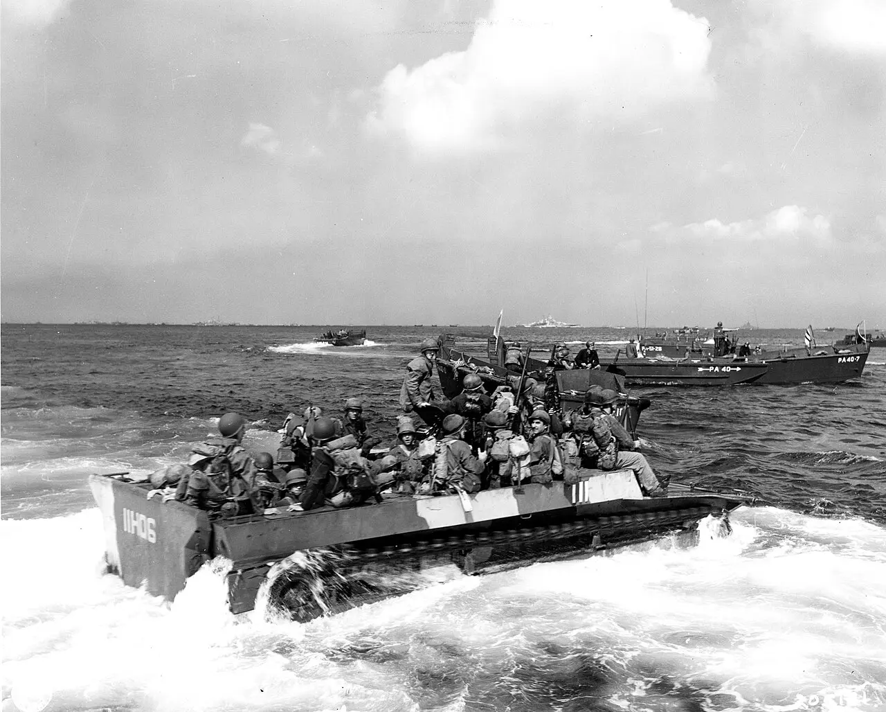 U.S. Army troops of the 7th Infantry Division ride landing craft toward the Okinawa beaches on April 1, 1945.