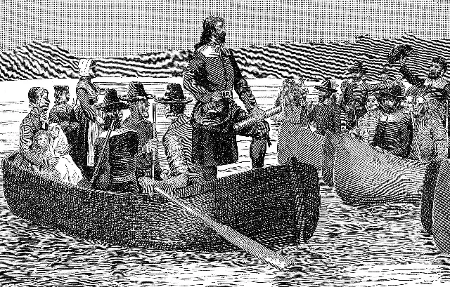 Engraving depicting Roger Williams returning to colonial Rhode Island in 1644 (from a painting by C.R. Grant).