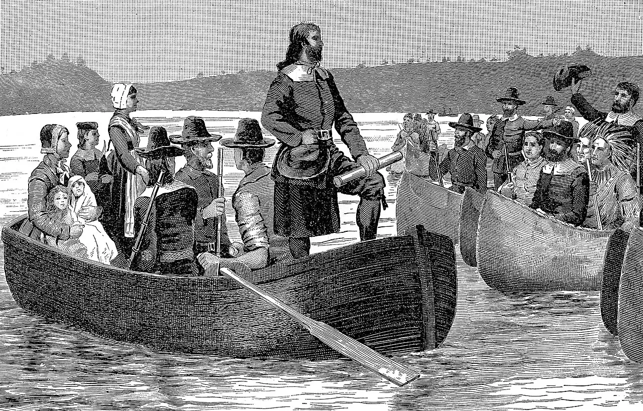 Engraving depicting Roger Williams returning to colonial Rhode Island in 1644 (from a painting by C.R. Grant).
