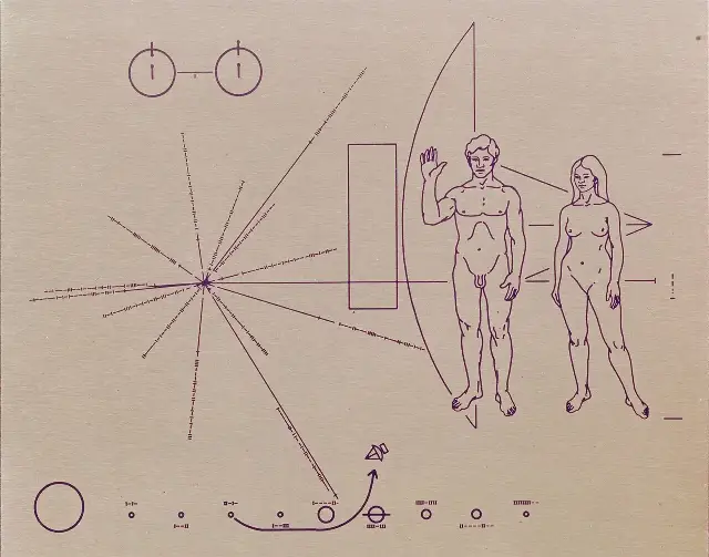 Close-up of the gold-anodized plaque mounted on Pioneer 10, engraved with a message for any civilization that might find the spacecraft.