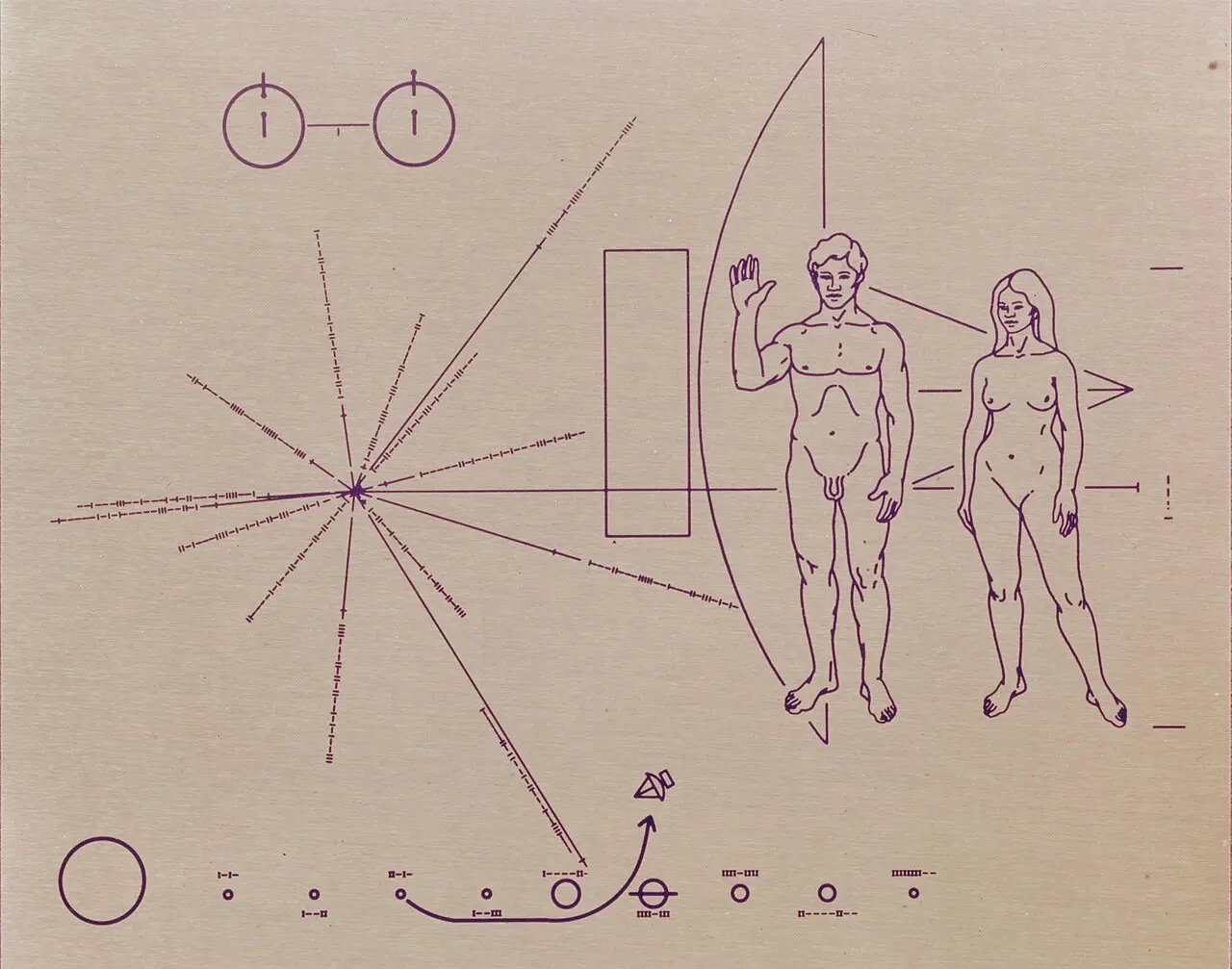 Close-up of the gold-anodized plaque mounted on Pioneer 10, engraved with a message for any civilization that might find the spacecraft.