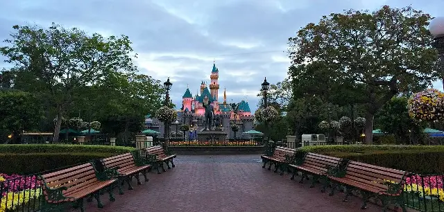Sleeping Beauty Castle at Disneyland in Anaheim, California, seen at dusk.