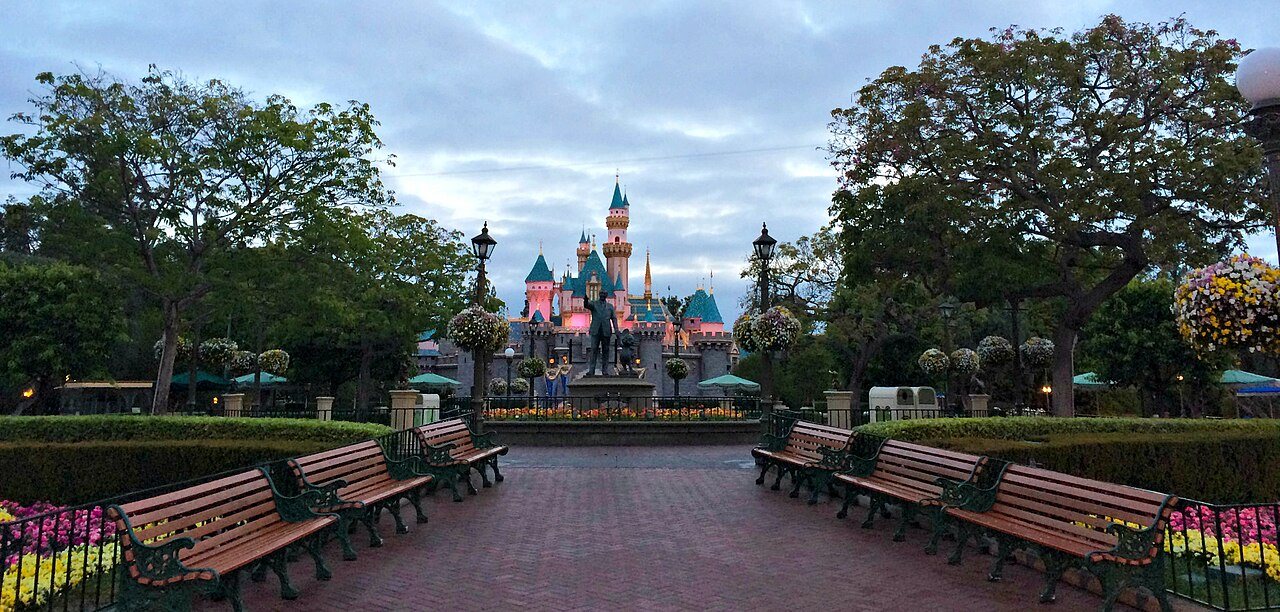 Sleeping Beauty Castle at Disneyland in Anaheim, California, seen at dusk.
