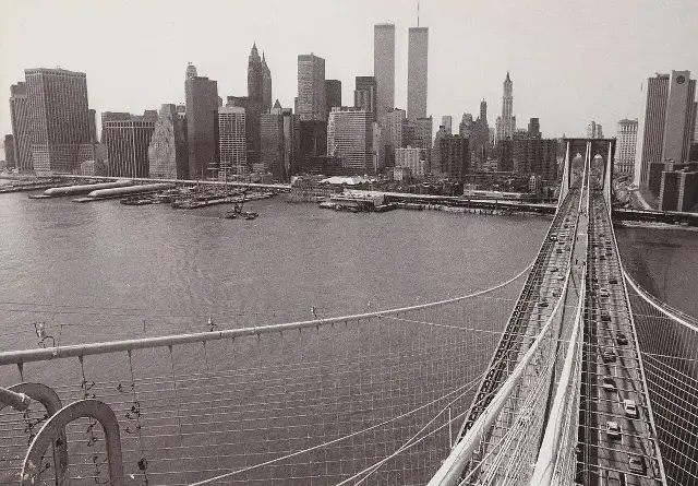 The completed Twin Towers of the World Trade Center, seen from the Brooklyn Bridge in 1983.