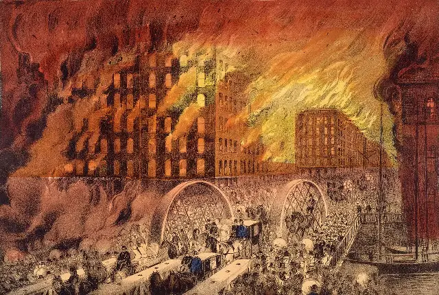Currier & Ives' 1871 color engraving 'Chicago in Flames,' showing downtown buildings consumed by towering fire while crowds of people and carriages flee across a bridge in the foreground.