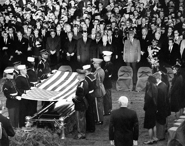 The flag-draped casket of President John F. Kennedy at his burial service at Arlington National Cemetery, November 25, 1963.