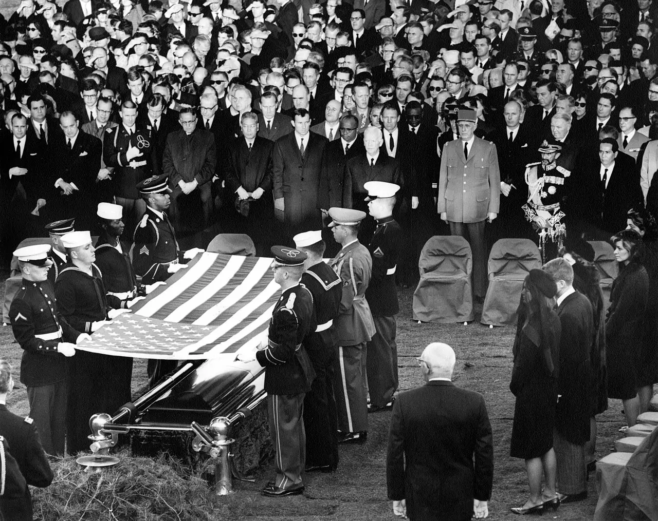 The flag-draped casket of President John F. Kennedy at his burial service at Arlington National Cemetery, November 25, 1963.